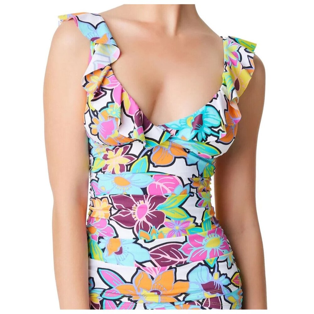 Bleu by Rod Beattie Women's Color Crush Ruffled Tankini - White Multi Size 6 NWT